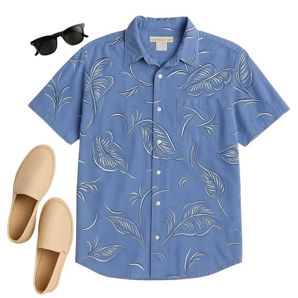 Banana Republic Periwinkle Blue Cotton Vintage Hawaiian Leaf Shirt Size M in EUC